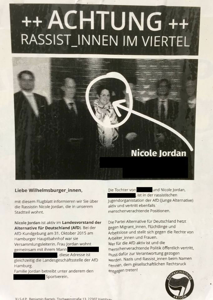 Steckbrief der Antifaschisten Aktion Antifa über AfD-Politikerin Nicole Jordan und ihre Familie im versifften Hamburg. #Date:06.2016#