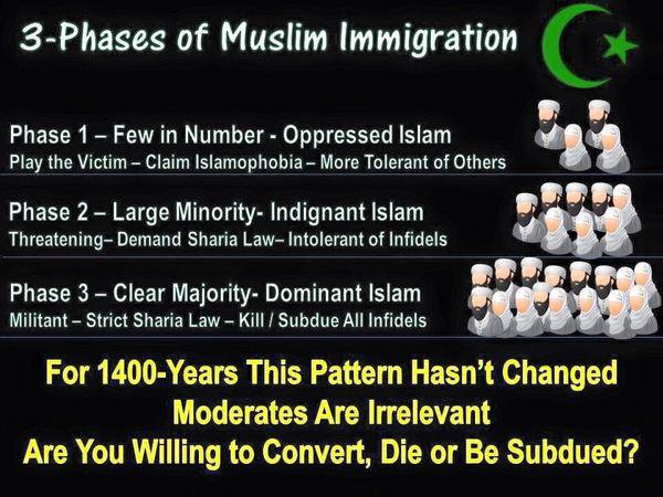 Die drei Phasen der Islamisierung. Anfangs bei kleiner Anzahl geben sie Moslems die Opfer und zeigen sich tolerant. Bekommen sie eine bestimmte Stärke werden sie drohender, fordern die Scharia und werden intolerant. Erreichen sie schließlich die Mehrheit geht es voll zur Sache. Und das genauso heute wie seit 1400 Jahren #Date:06.2016#
