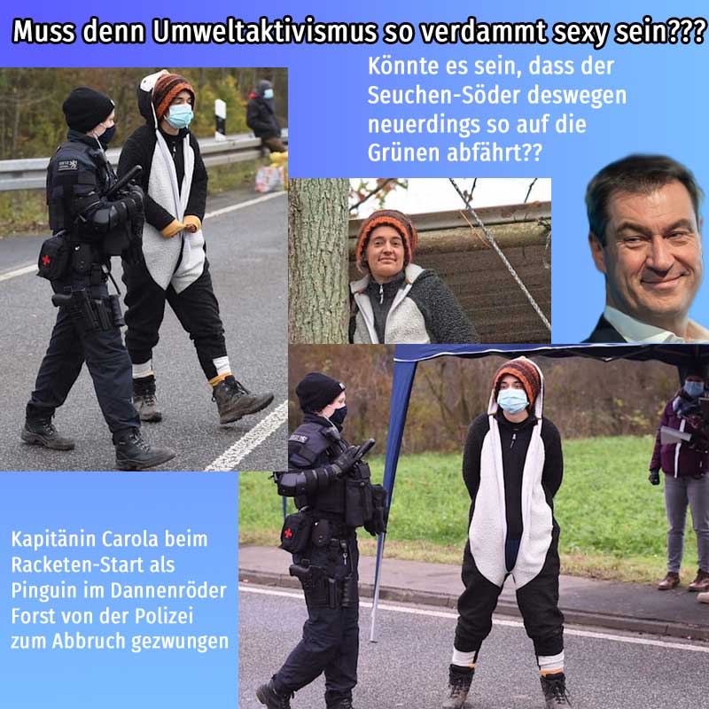 Bild zum Thema Deutschlands dümmste sogenannte Kapitänin wird bei den gewaltsamen Protesten im Dannenröder Forst festgenommen. Im sexy Pinguin-Köstüm. Ist Söder deshalb so geil auf die Grünen?